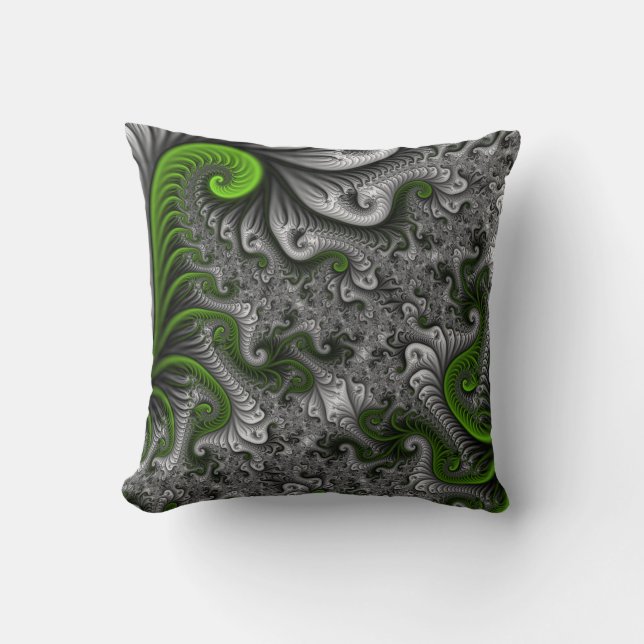 Fantasy World Green And Gray Abstract Fractal Art Throw Pillow (Front)