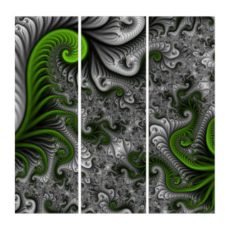 Fantasy World Green And Gray Abstract Fractal Art Triptych