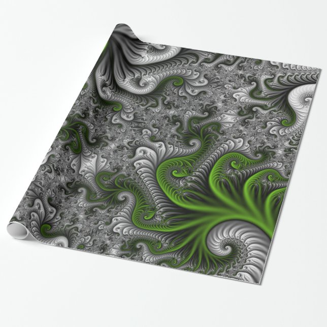 Fantasy World Green And Gray Abstract Fractal Art Wrapping Paper (Unrolled)