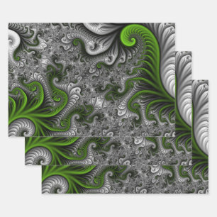 Fantasy World Green And Gray Abstract Fractal Art Wrapping Paper Sheets