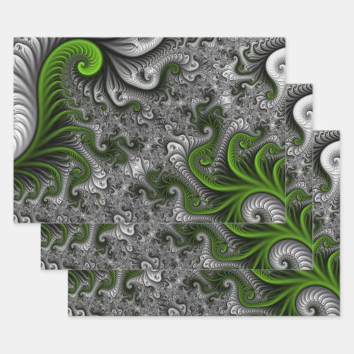 Fantasy World Green And Gray Abstract Fractal Art Wrapping Paper Sheets