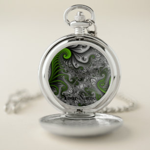 Fantasy World Green And Gray Abstract Fractal Name Pocket Watch