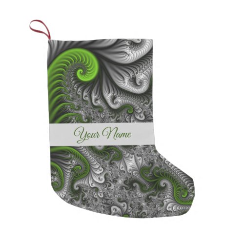 Fantasy World Green Gray Abstract Fractal Art Name Small Christmas Stocking