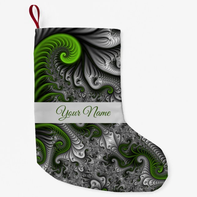 Fantasy World Green Gray Abstract Fractal Art Name Small Christmas Stocking (Front)