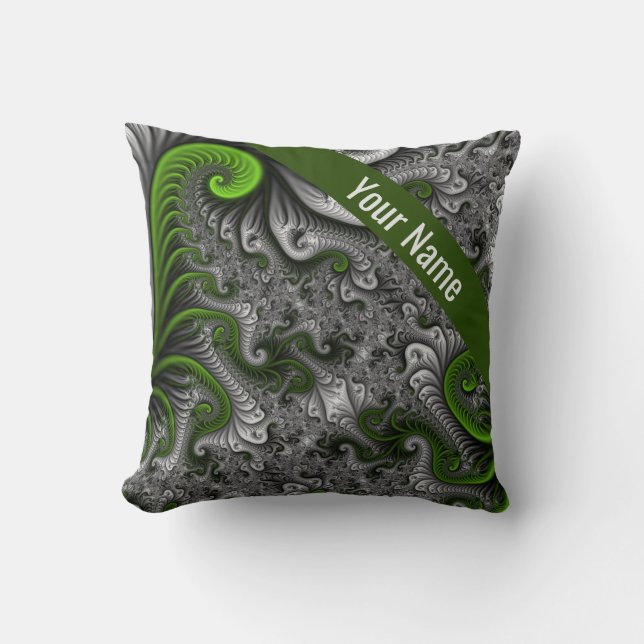 Fantasy World Green Gray Abstract Fractal Art Name Throw Pillow (Front)