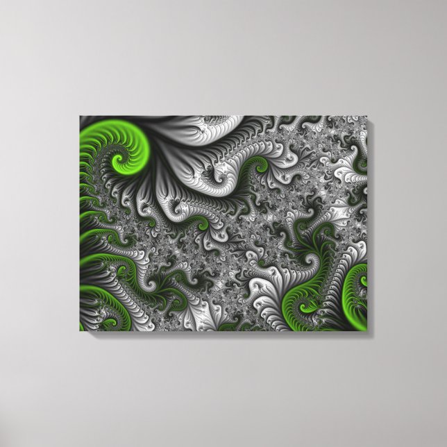 Fantasy World Green Gray Abstract Fractal Triptych Canvas Print (Front)