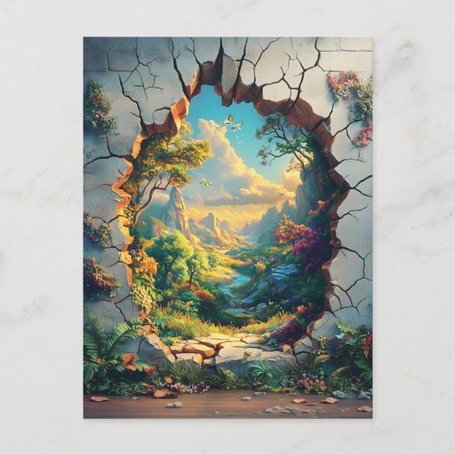 Fantasy World Through a Cracked Wall Design Postcard (Front)