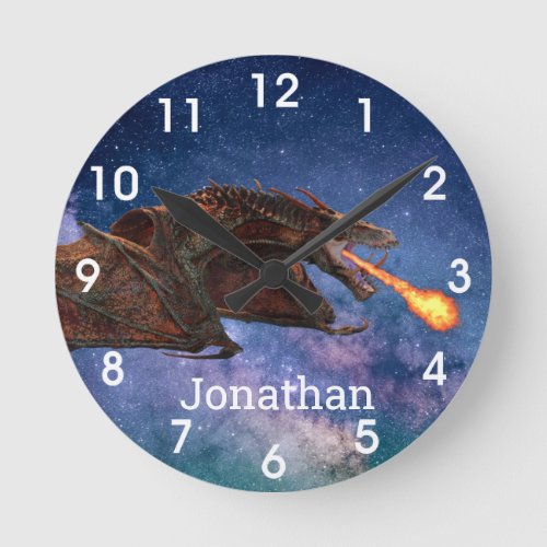 Fantasy Wyvern Fire Breathing Dragon Monogram   Round Clock