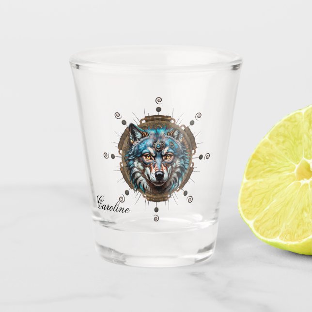 Fantasytic steampunk wolf. shot glass (Front)