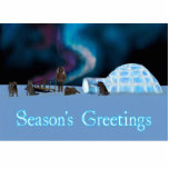 Far North Christmas - Season's Greetings Cutout<br><div class="desc">A digital painting featuring an igloo on the polar ice pack,  sled dogs and a man in a parka. The northern lights glow overhead. Text reading,  "Season's Greetings" appears in glowing blue and white.</div>