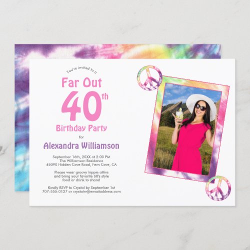 Far Out 40th Groovy Tie Dye Birthday Party Photo Invitation