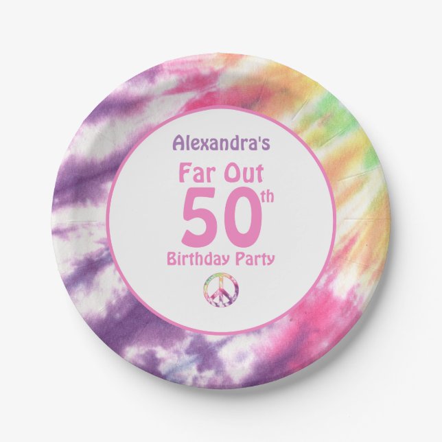 Far Out 50th Groovy Tie Dye Birthday Name Party Paper Plates (Front)