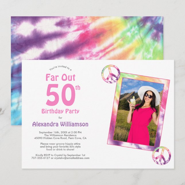 Far Out 50th Groovy Tie Dye Birthday Party Photo Invitation (Front/Back)