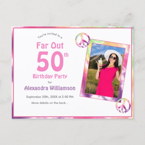 Far Out 50th Groovy Tie Dye Birthday Party Photo Invitation Postcard