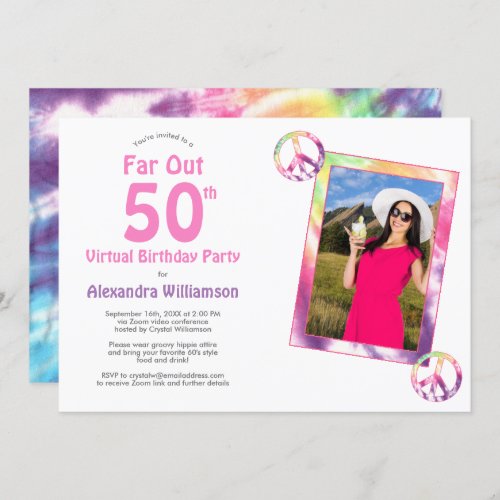 Far Out 50th Tie Dye Virtual Birthday Party Photo Invitation