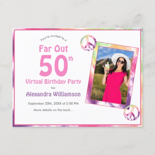 Far Out 50th Tie Dye Virtual Birthday Party Photo Invitation Postcard