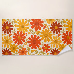 Far Out Cheerful Retro Daisies Burnt Orange Gold Beach Towel