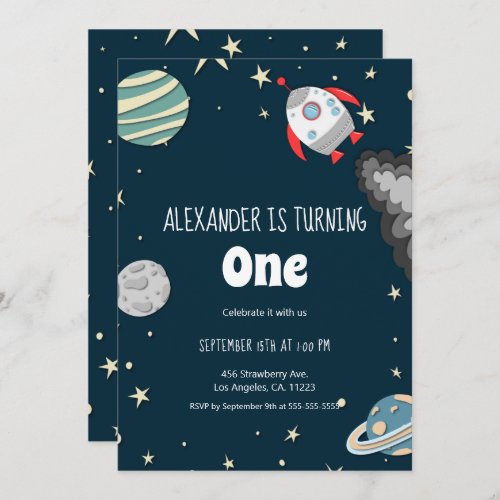 Far Out Rocket and Planets Boy First Birthday Invi Invitation