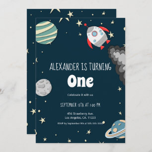 Far Out Rocket and Planets Boy First Birthday Invitation