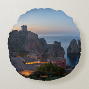 Faraglioni and Tonnara in Scopello, Sicily Round Pillow