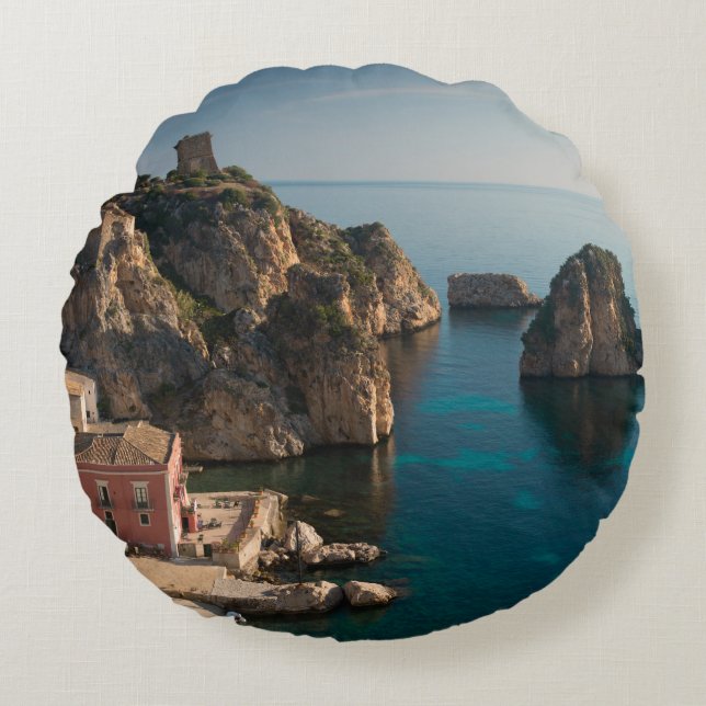 Faraglioni and Tonnara in Scopello, Sicily Round Pillow (Front)