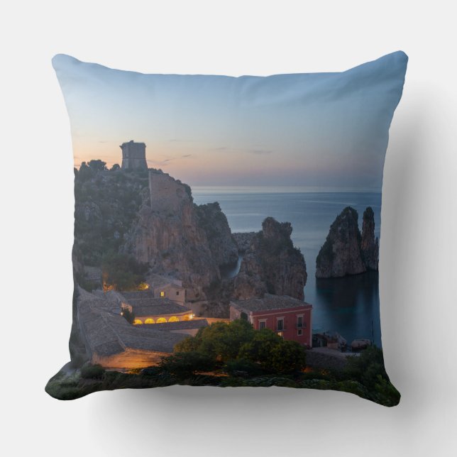 Faraglioni and Tonnara in Scopello, Sicily Throw Pillow (Front)