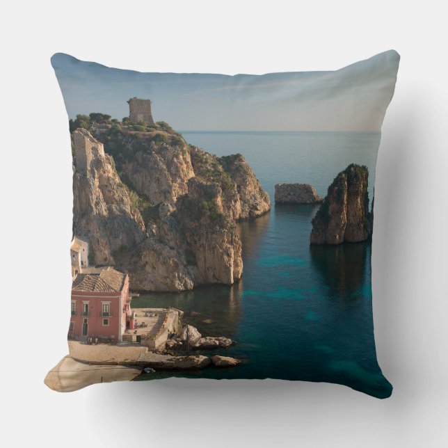 Faraglioni and Tonnara in Scopello, Sicily Throw Pillow (Front)
