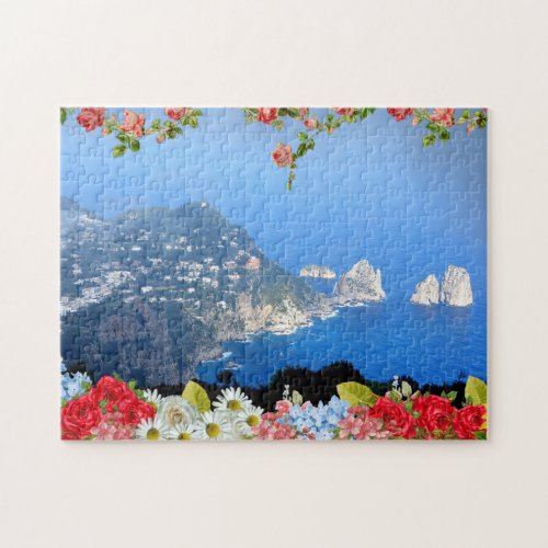 Faraglioni rocks Capri Island Italy with flowers Jigsaw Puzzle