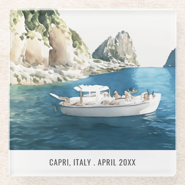 Faraglioni Rocks Capri Italy Watercolor Travel Glass Coaster (Front)