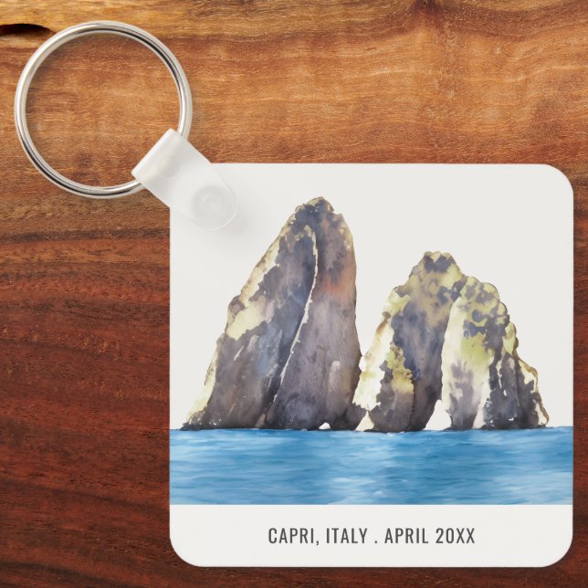 Faraglioni Rocks Capri Italy Watercolor Travel Keychain (Front)