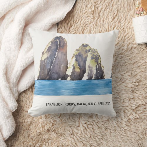 Faraglioni Rocks Capri Italy Watercolor Travel Throw Pillow