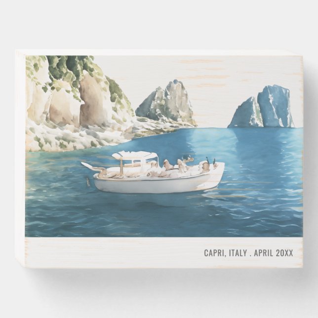 Faraglioni Rocks Capri Italy Watercolor Travel Wooden Box Sign (Front Horizontal)