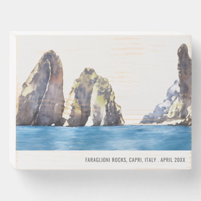 Faraglioni Rocks Capri Italy Watercolor Travel Wooden Box Sign (Front Horizontal)