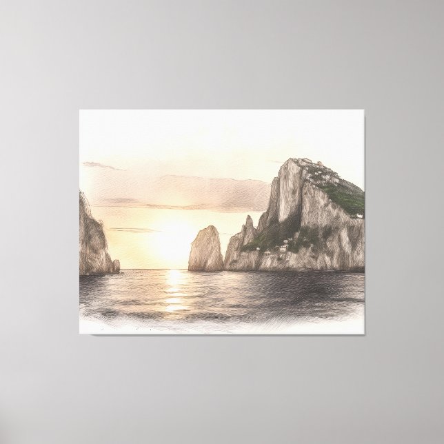 Faraglioni sea stacks sketch at sunset canvas print (Front)