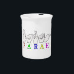 FARAH  NAME ASL FINGER SPELLED DRINK PITCHER<br><div class="desc">FARAH NAME ASL FINGER SPELLED FEMALE Customizable - add text or graphics. Some suggestions might be to add text...  My name is,  or SUPER,  or  I Love or add images or backgrounds.</div>