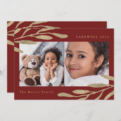 Farewell 2022 Faux Gold Botanical Two Photo Red Holiday Card