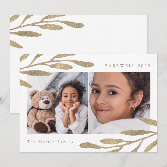 Farewell 2024 Faux Gold Botanical Two Photo Holiday Card (Front/Back)