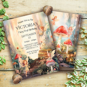 Fariy 1st Birthday Enchanted Forest Toadstool Invitation