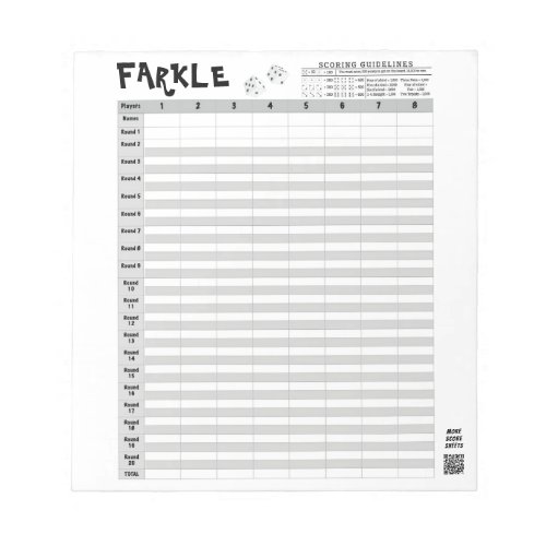 Farkle Score Sheets with Rules Easy Tear Away Notepad