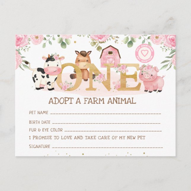 Farm 1st Birthday Adopt A Farm Animal Certificate Postcard (Front)