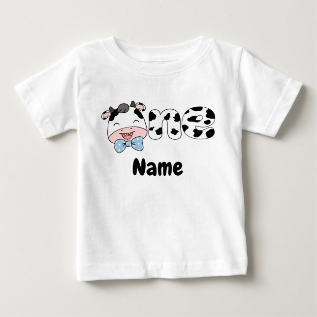 Farm 1st Birthday, Custom Baby Cow One Birthday Baby T-Shirt (Front)
