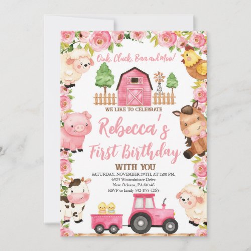 Farm 1st Birthday for Girl Farm Animals Invitation