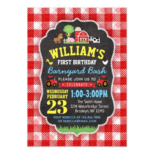 Farm 1st Birthday Invitation Red Tractors Barnyard Zazzle Com