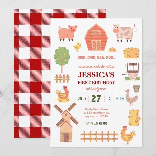 Farm animal 1st birthday invitation (Front/Back)