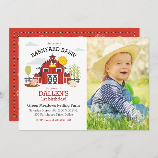 Farm Animal 1st birthday photo Invitation (Front/Back)