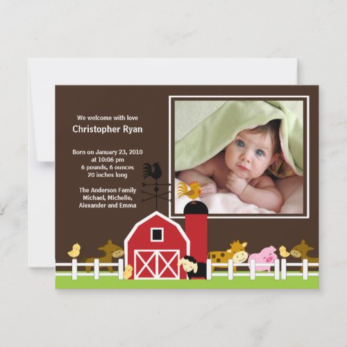 Farm Animal Baby Boy Birth Photo Announcement