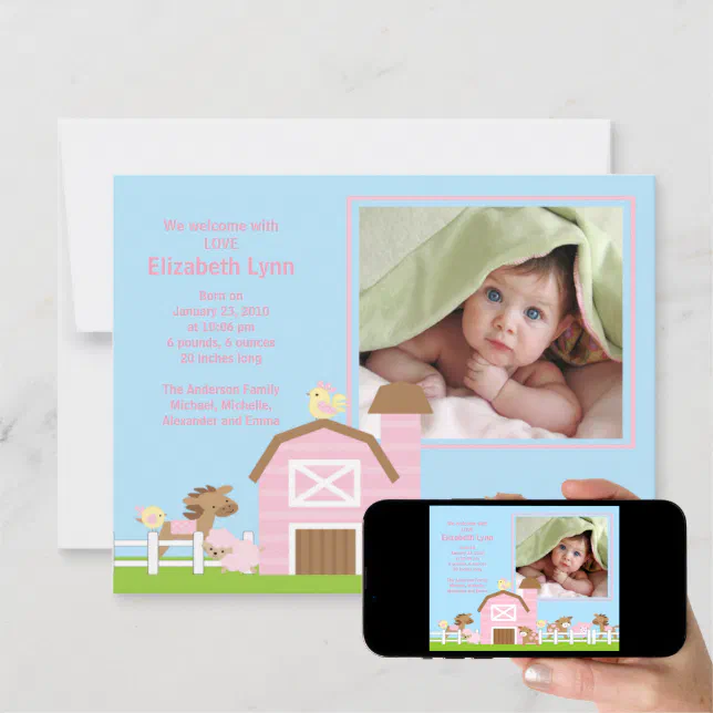 Farm Animal Baby Girl Birth Photo Announcement Zazzle