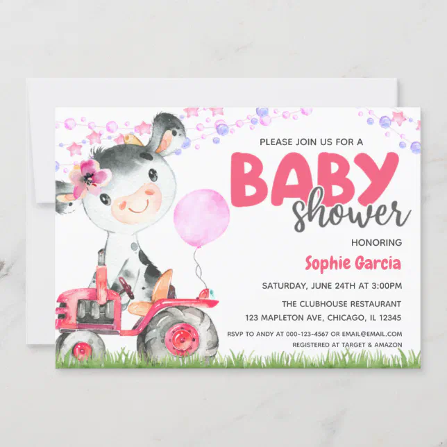 Farm Animal Baby Girl Cow Baby Shower Invitation Zazzle