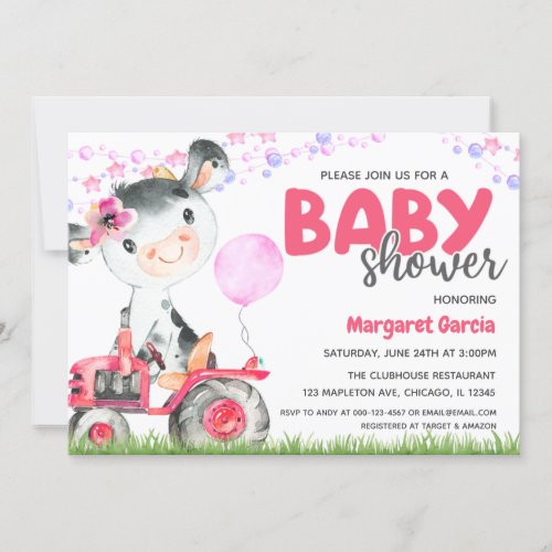 Farm Animal Baby Girl Cow Baby Shower Invitation