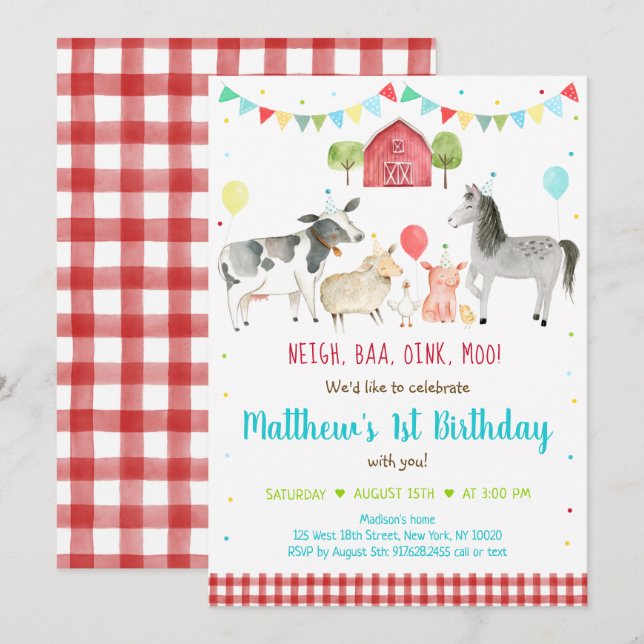 Farm Animal Balloon Birthday Invitation (Front/Back)